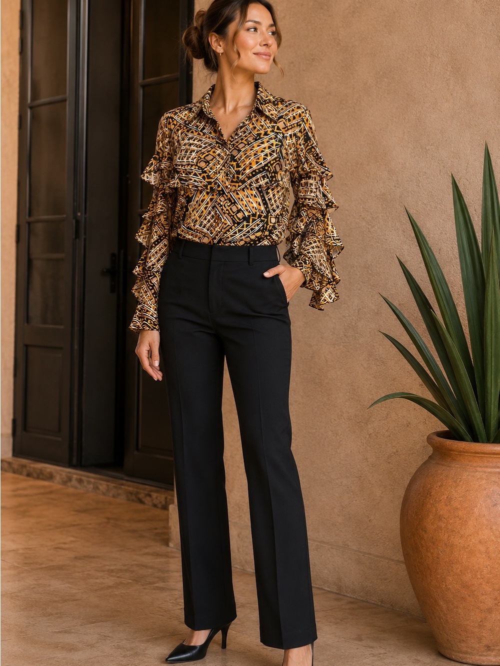 Adrianna Papell Gold Black Ruffle Button Down Blouse
